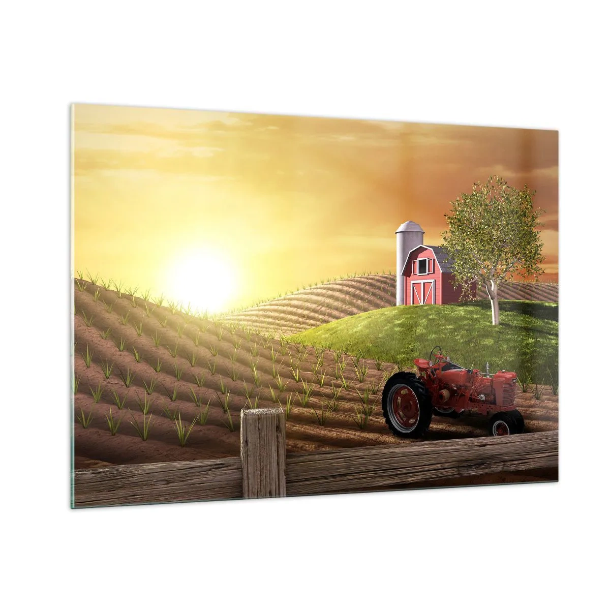 Cuadro sobre vidrio - Impresiones sobre Vidrio - Puesta de sol sobre una granja con un campo y un tractor - 100x70cm - Una granja como un cuento de hadas - Decoración de pared moderna para salón y dormitorio ARTTOR