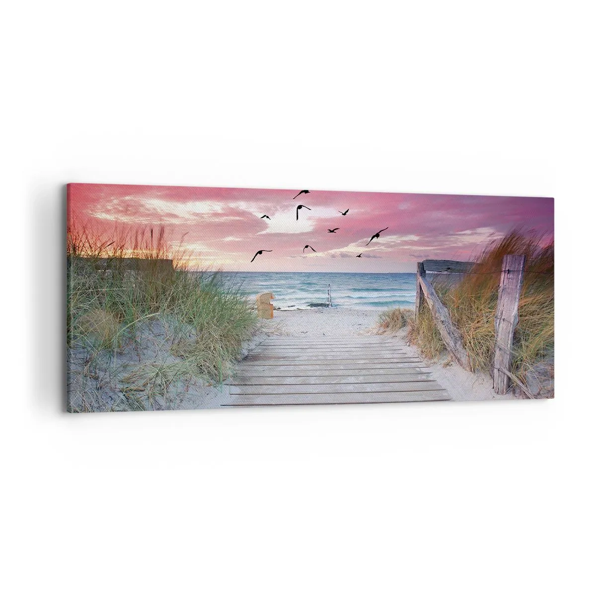 Cuadro sobre lienzo - Impresión de Imagen - Camino de madera en la playa al atardecer rosa - 120x50cm - Impresión del Báltico - Decoración de pared moderna para salón y dormitorio ARTTOR