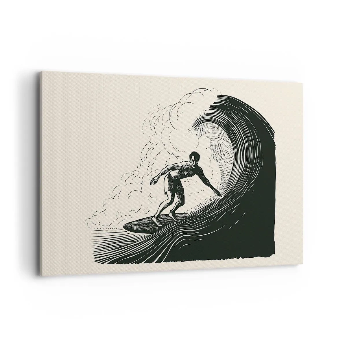 Cuadro sobre lienzo - Impresión de Imagen - Gráfico en blanco y negro de un surfista montando una ola. - 120x80cm - Rey de la ola - Decoración de pared moderna para salón y dormitorio ARTTOR