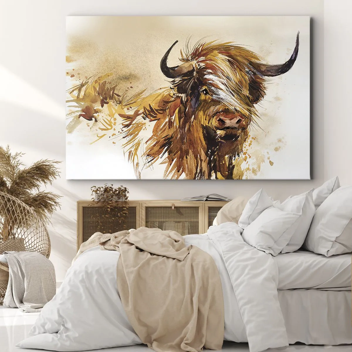 Cuadro sobre lienzo - Impresión de Imagen - Retrato de un toro en estilo artístico de acuarela. - 70x50cm - El orgullo del líder - Decoración de pared moderna para salón y dormitorio ARTTOR