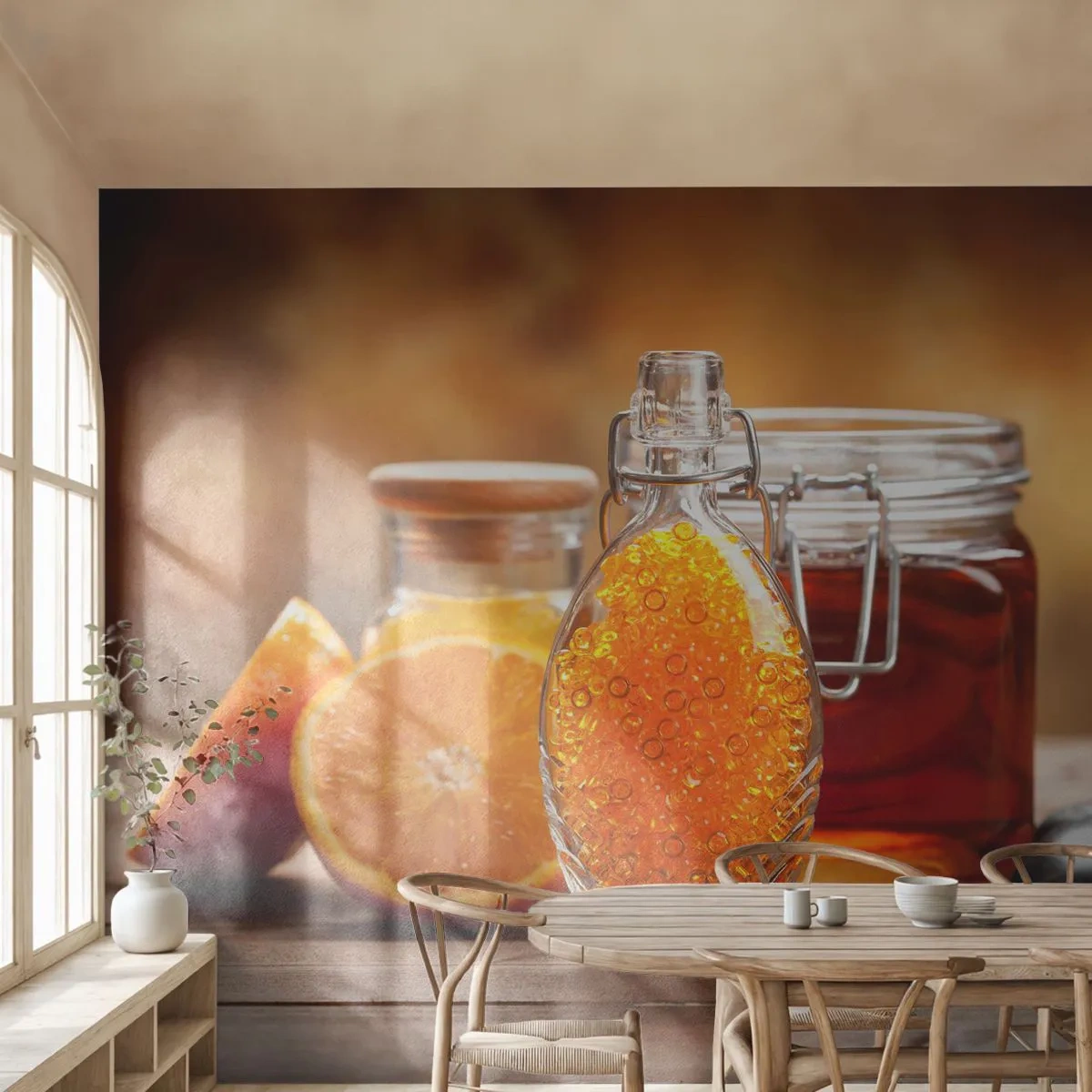 Fotomural Standard Eco - Una botella de aceite de naranja y un tarro de miel sobre madera. - 100x70cm - Sabores y aromas soleados - Decoración de pared moderna para salón y dormitorio ARTTOR