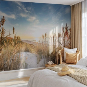 Fotomural Premium Canvas - Una playa pintoresca con césped y la puesta de sol. - 100x70cm - Playa del norte - Decoración de pared moderna para salón y dormitorio ARTTOR