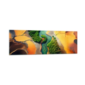 Cuadro sobre vidrio - Impresiones sobre Vidrio - Un río verde rodeado de arenas doradas y vegetación. - 160x50cm - Río que da vida - Decoración de pared moderna para salón y dormitorio ARTTOR