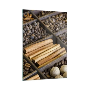 Cuadro sobre vidrio - Impresiones sobre Vidrio - Especias en compartimentos de madera - 50x70cm - Un tesoro de aromas - Decoración de pared moderna para salón y dormitorio ARTTOR
