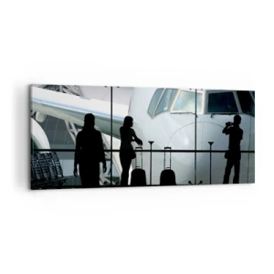 Cuadro sobre lienzo - Impresión de Imagen - Aeropuerto con siluetas de personas y una vista del avión. - 120x50cm - Vis a vis en el aeropuerto - Decoración de pared moderna para salón y dormitorio ARTTOR