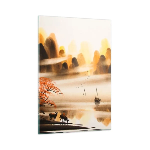 Cuadro sobre vidrio - Impresiones sobre Vidrio - Un paisaje oriental con un río, montañas y una suave niebla. - 80x120cm - Más allá del Lejano Oriente - Decoración de pared moderna para salón y dormitorio ARTTOR