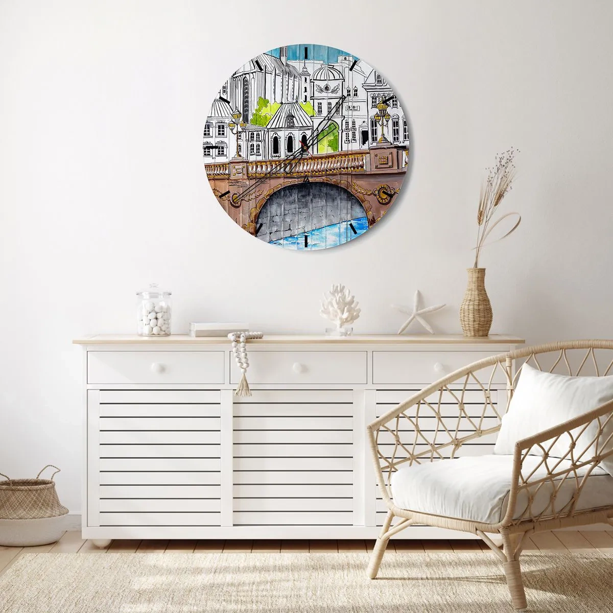 Reloj de pared - Reloj de vidrio - Ilustración de arquitectura urbana con un puente - 30x30cm - Una ciudad de dibujo - Decoración de pared moderna para salón, cocina y dormitorio ARTTOR