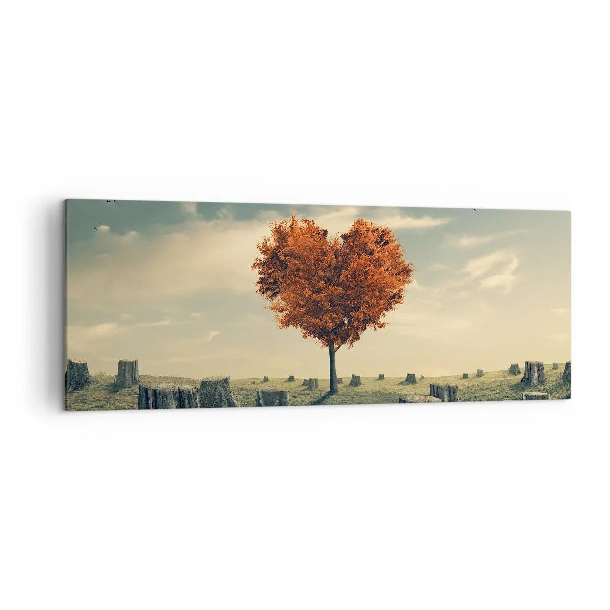 Cuadro sobre lienzo - Impresión de Imagen - Un árbol en forma de corazón en un campo de tocones, símbolo de esperanza. - 140x50cm - Todavía hay esperanza - Decoración de pared moderna para salón y dormitorio ARTTOR