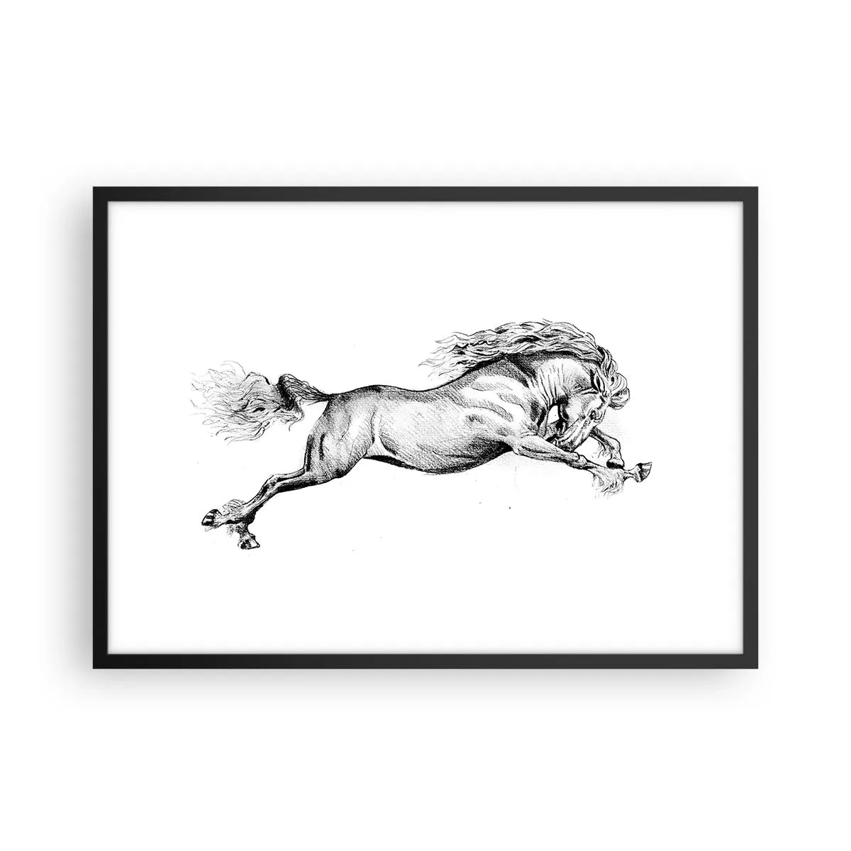 Póster en marco negro - Boceto de un caballo al galope dinámico sobre un fondo blanco. - 70x50cm - Captura al galope - Decoración de pared moderna para salón y dormitorio ARTTOR