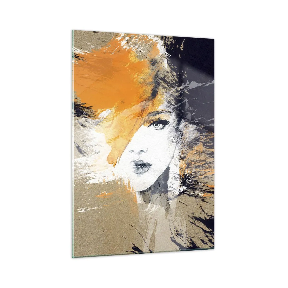 Cuadro sobre vidrio - Impresiones sobre Vidrio - Retrato abstracto de una mujer con acentos naranjas. - 50x70cm - Y se convierte en luz - Decoración de pared moderna para salón y dormitorio ARTTOR