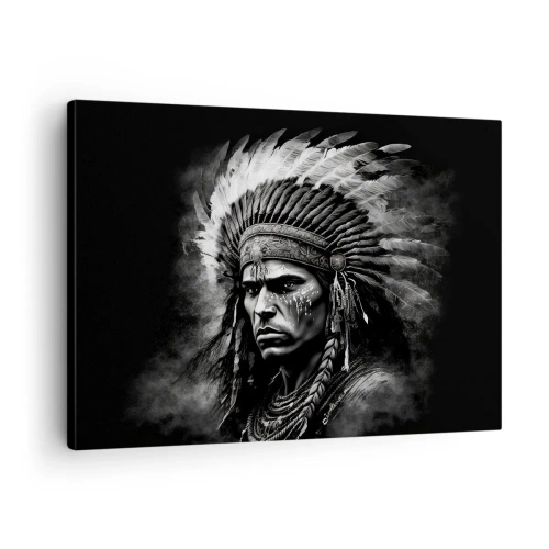 Cuadro sobre lienzo - Impresión de Imagen - Retrato de un jefe con un tocado de plumas sobre un fondo negro - 70x50cm - Líder y guerrero - Decoración de pared moderna para salón y dormitorio ARTTOR