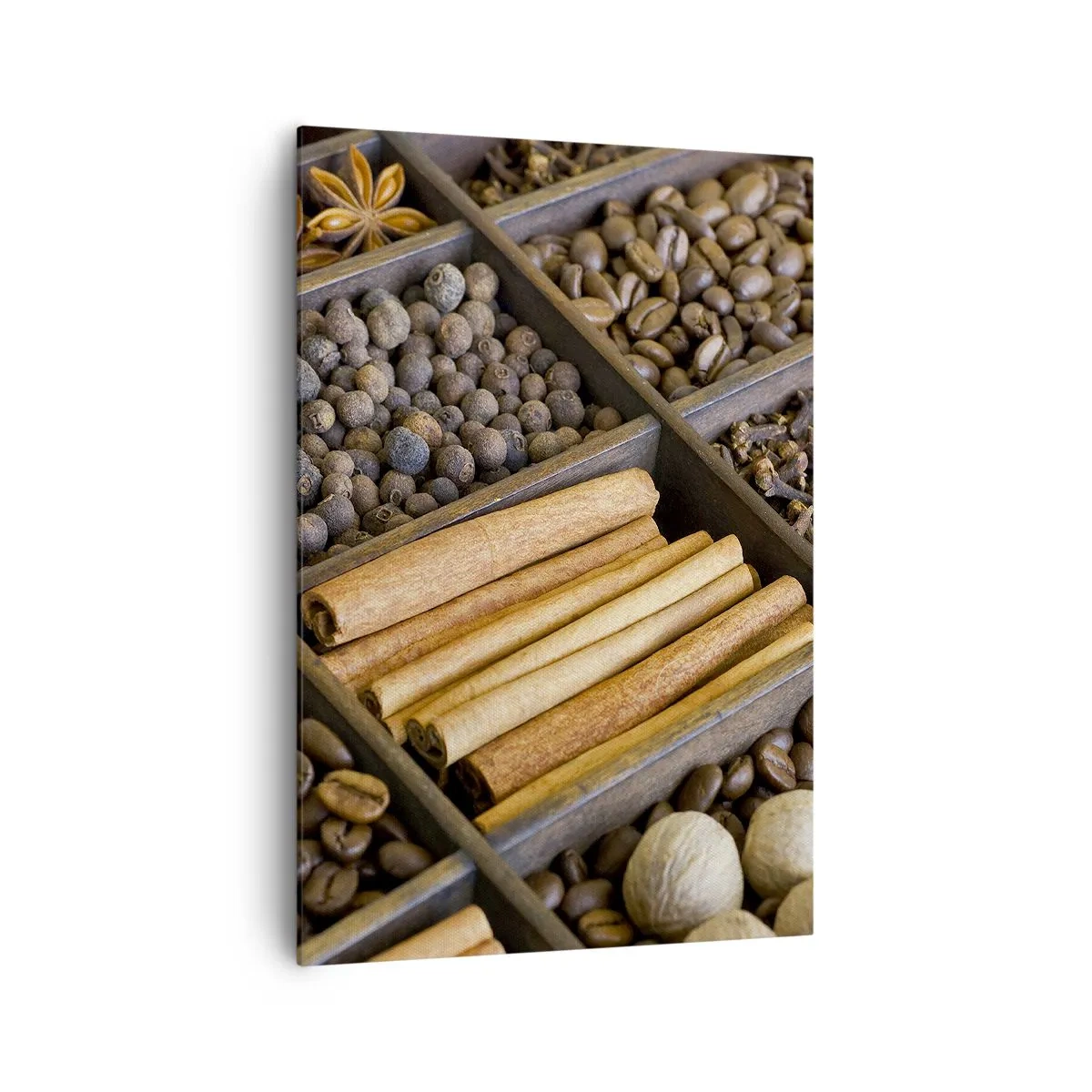 Cuadro sobre lienzo - Impresión de Imagen - Especias y café en compartimentos de madera. - 70x100cm - Un tesoro de aromas - Decoración de pared moderna para salón y dormitorio ARTTOR