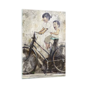 Cuadro sobre vidrio - Impresiones sobre Vidrio - Un mural con una bicicleta y figuras de niños sobre un fondo de pared. - 50x70cm - ¿Verdadero o falso? - Decoración de pared moderna para salón y dormitorio ARTTOR