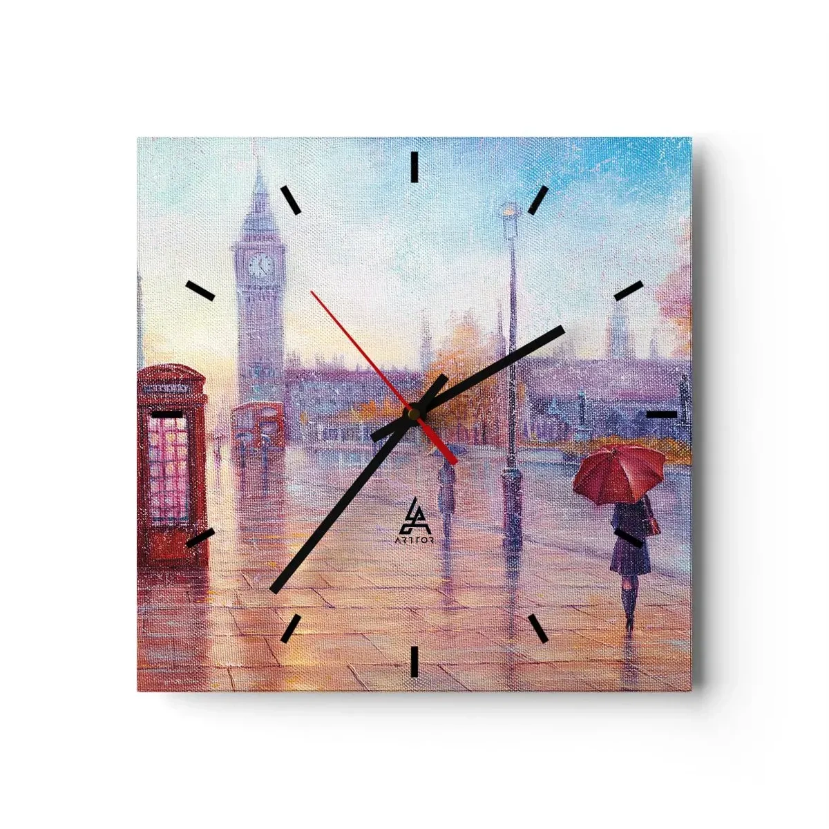 Reloj de pared - Reloj de vidrio - Calle de Londres con el Big Ben en un día lluvioso - 30x30cm - Un día de otoño en Londres - Decoración de pared moderna para salón y dormitorio ARTTOR