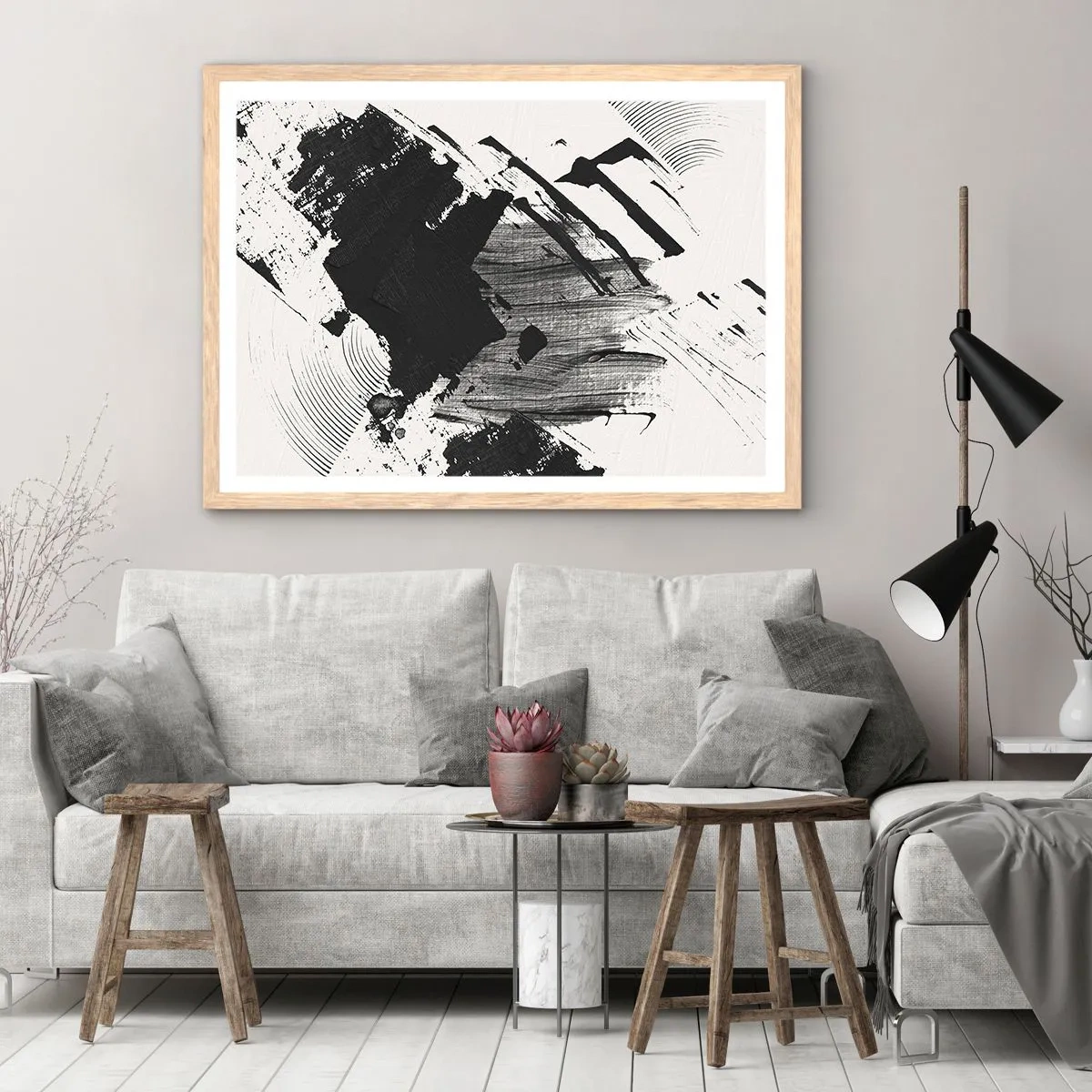 Póster en marco roble claro - Abstracción: la expresión del negro - 91x61 cm