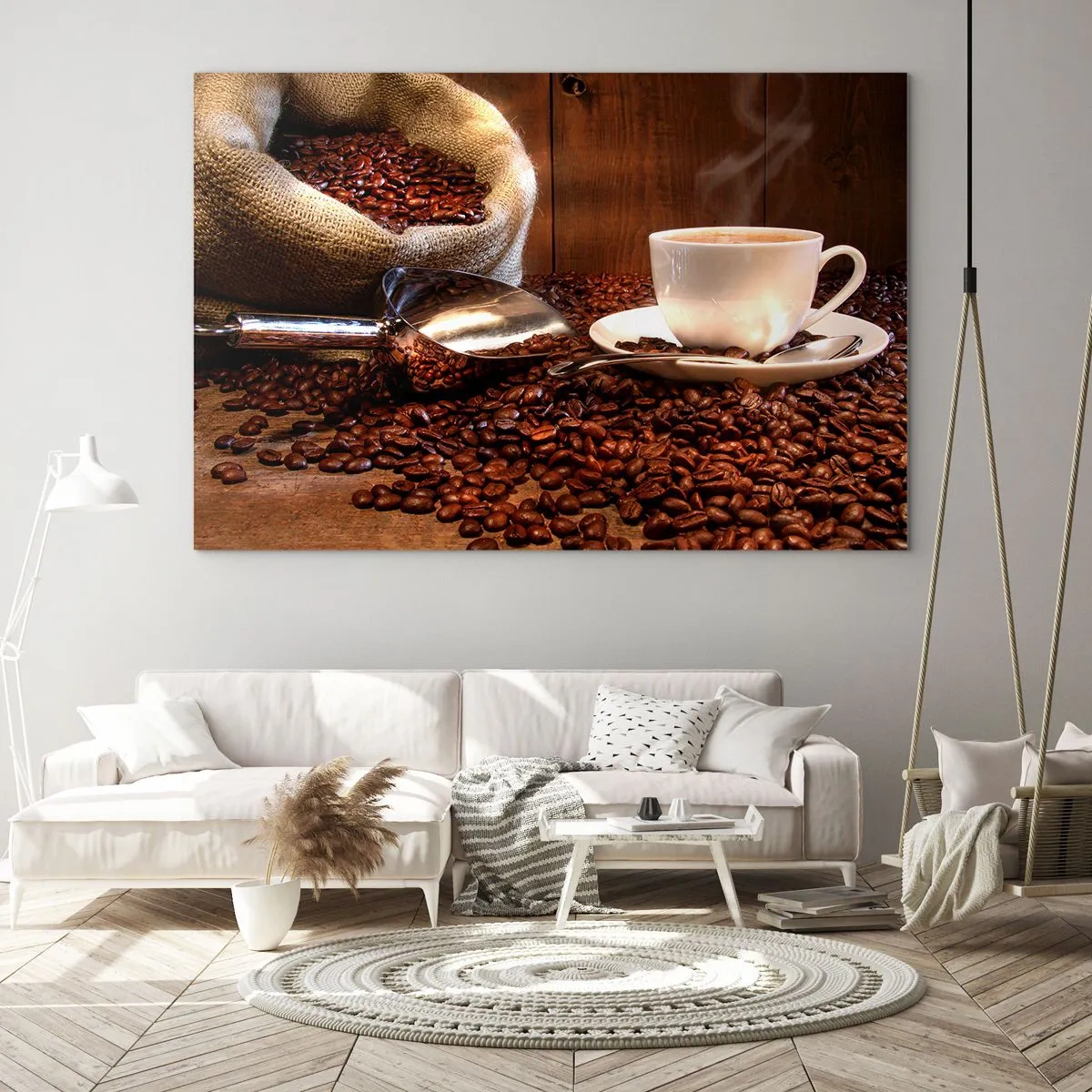Cuadro sobre vidrio - Impresiones sobre Vidrio - Una taza de café sobre un fondo de frijoles y una bolsa de yute. - 120x80cm - ¿Hueles eso? - Decoración de pared moderna para salón y dormitorio ARTTOR