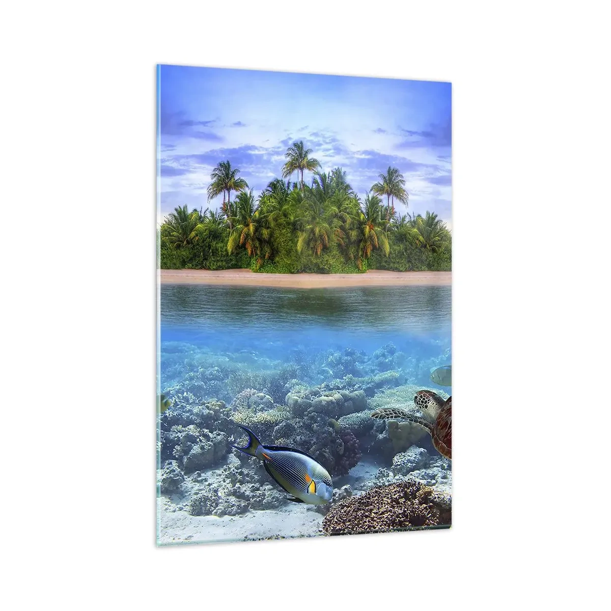 Cuadro sobre vidrio - Impresiones sobre Vidrio - Una isla tropical rodeada de un océano turquesa con un arrecife de coral y peces. - 80x120cm - Una isla paradisíaca te invita - Decoración de pared moderna para salón y dormitorio ARTTOR