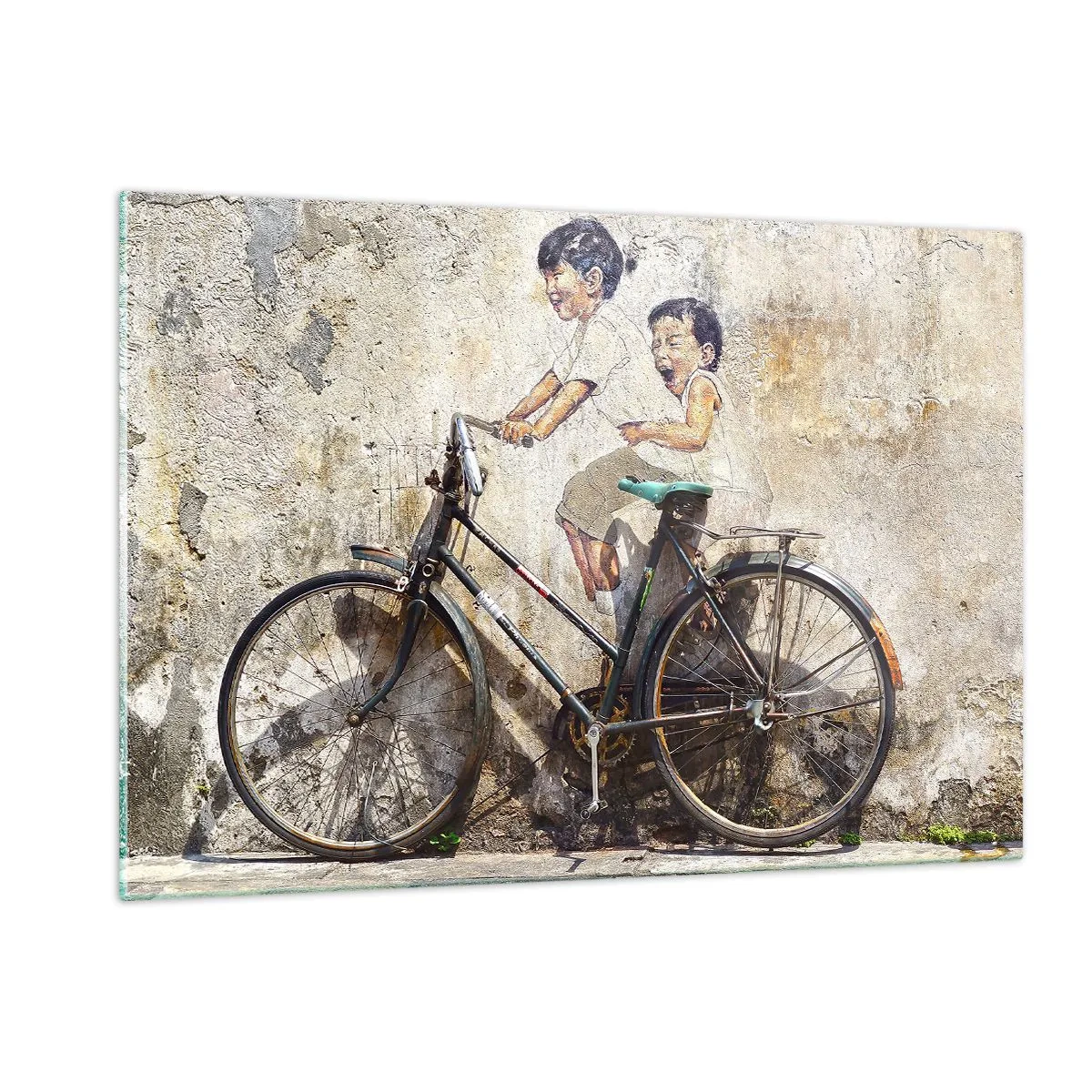 Cuadro sobre vidrio - Impresiones sobre Vidrio - Un mural con una bicicleta y figuras de niños sobre un fondo de pared. - 120x80cm - ¿Verdadero o falso? - Decoración de pared moderna para salón y dormitorio ARTTOR