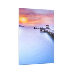 Cuadro sobre vidrio - Impresiones sobre Vidrio - Muelle de madera que conduce al agua durante la puesta de sol. - 70x100cm - Un mar de calma hasta el horizonte - Decoración de pared moderna para salón y dormitorio ARTTOR
