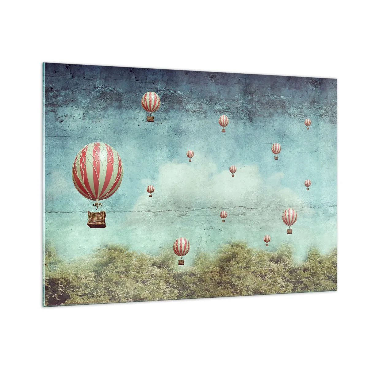 Cuadro sobre vidrio - Impresiones sobre Vidrio - Globos flotando sobre un paisaje verde. - 100x70cm - Libre del ajetreo de la vida - Decoración de pared moderna para salón y dormitorio ARTTOR