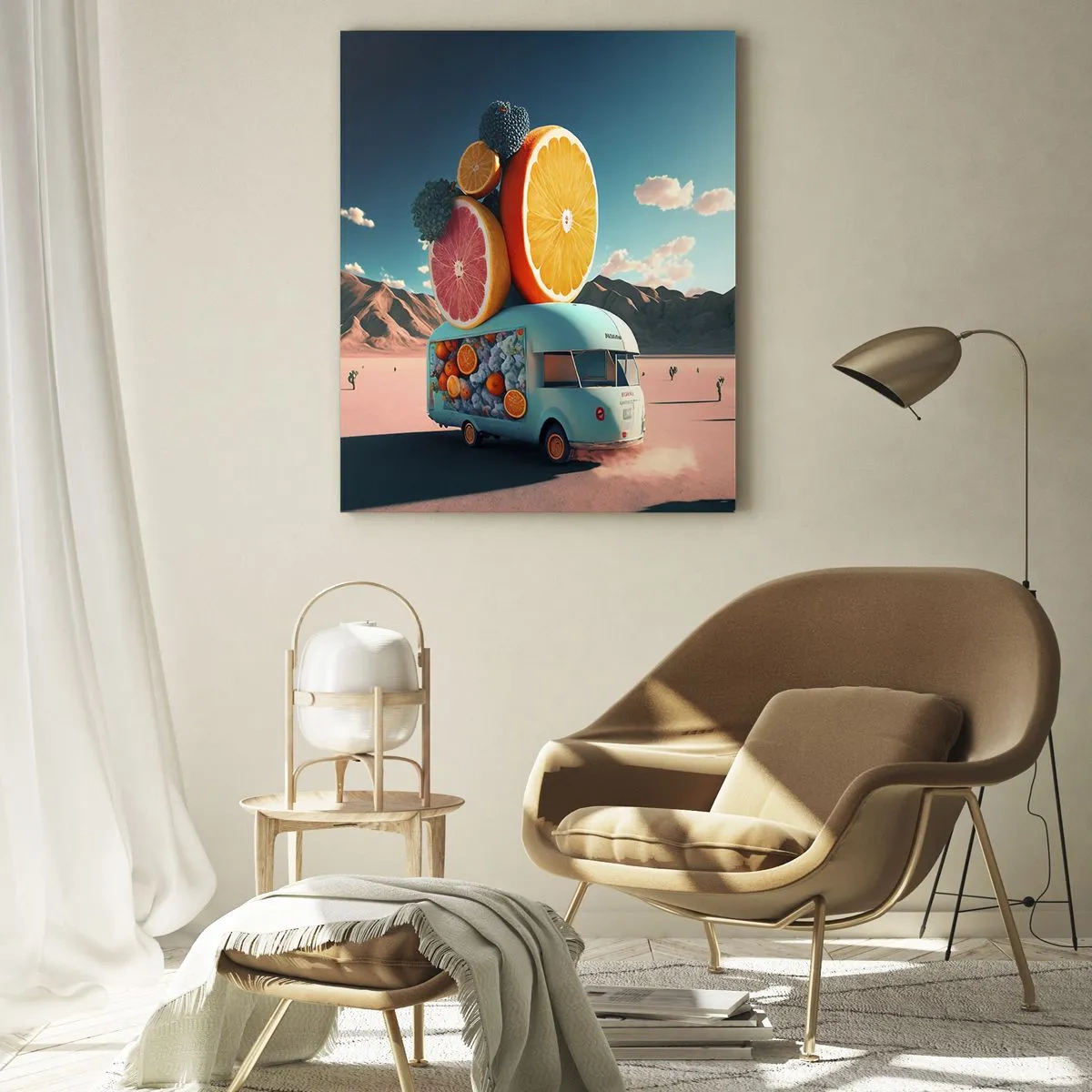 Cuadro sobre vidrio - Impresiones sobre Vidrio - Una caravana turquesa con fruta frente a un paisaje desértico. - 50x70cm - Un sabor a vacaciones - Decoración de pared moderna para salón y dormitorio ARTTOR