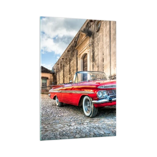 Cuadro sobre vidrio - Impresiones sobre Vidrio - Coche clásico rojo en una calle adoquinada - 80x120cm - Emociones cubanas - Decoración de pared moderna para salón y dormitorio ARTTOR