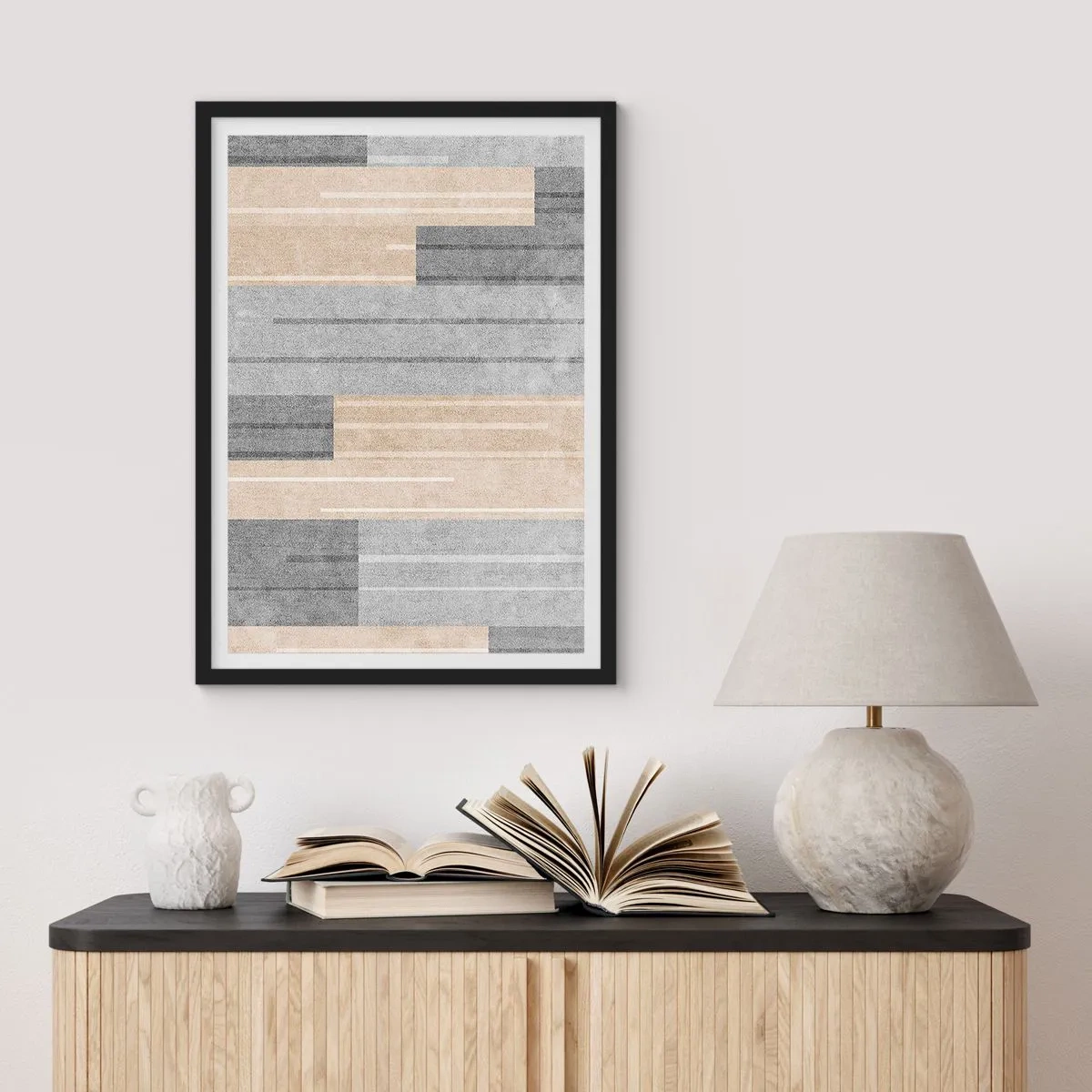 Póster en marco negro - Una composición geométrica moderna en tonos grises y beige. - 50x70cm - Composición: sostener la vertical - Decoración de pared moderna para salón y dormitorio ARTTOR