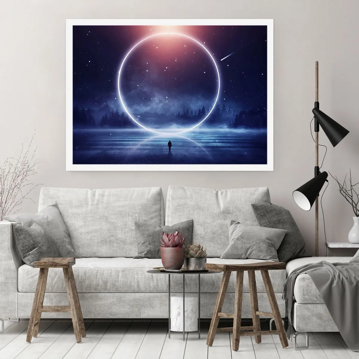 Póster - Un paisaje mágico con una figura y un círculo de luz por la noche. - 100x70cm - Ya están aquí... - Decoración de pared moderna para salón y dormitorio ARTTOR