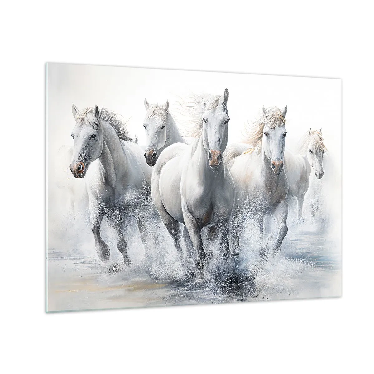 Cuadro sobre vidrio - Impresiones sobre Vidrio - Caballos blancos galopando a través del agua en una composición dinámica - 70x50cm - Magia blanca - Decoración de pared moderna para salón y dormitorio ARTTOR