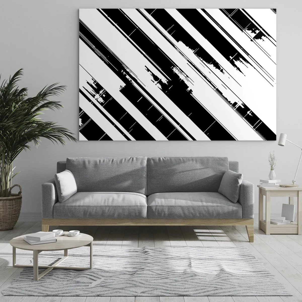 Cuadro sobre vidrio - Impresiones sobre Vidrio - Rayas dinámicas en blanco y negro con efecto desgastado. - 70x50cm - Composición intensa y dinámica - Decoración de pared moderna para salón y dormitorio ARTTOR
