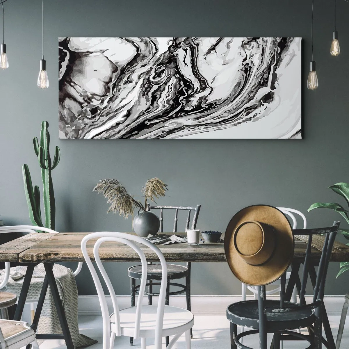 Cuadro sobre lienzo - Impresión de Imagen - Patrón de mármol abstracto en blanco y negro - 120x50cm - Al principio existía el caos - Decoración de pared moderna para salón y dormitorio ARTTOR