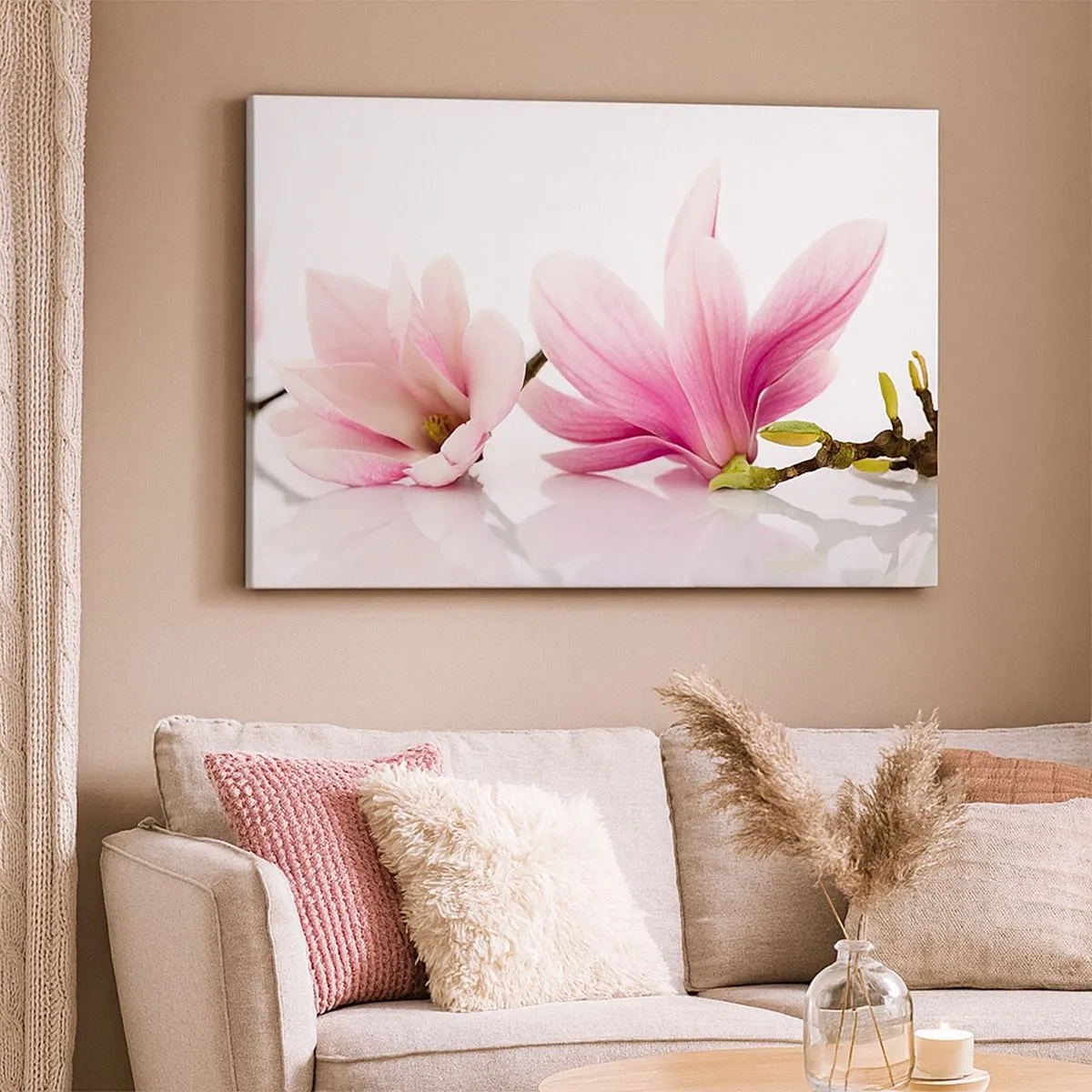 Cuadro sobre lienzo - Impresión de Imagen - Delicadas magnolias rosas sobre un fondo blanco. - 70x50cm - Suave como un soplo de primavera - Decoración de pared moderna para salón y dormitorio ARTTOR