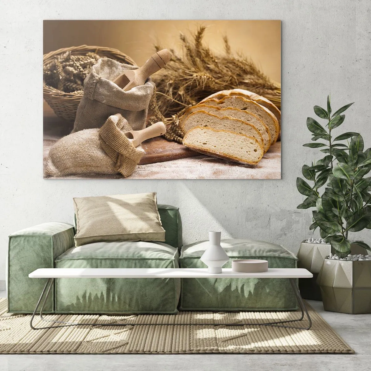 Cuadro sobre vidrio - Impresiones sobre Vidrio - Pan, harina y espigas de trigo al estilo rústico - 100x70cm - Corte perfecto - Decoración de pared moderna para salón y dormitorio ARTTOR