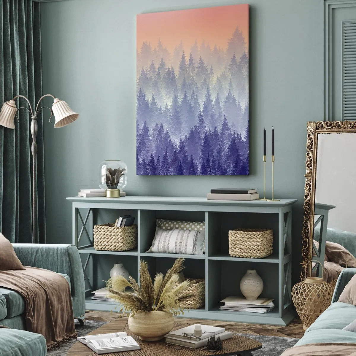 Cuadro sobre lienzo - Impresión de Imagen - Un bosque brumoso en tonos morados y naranjas. - 50x70cm - Alto, más alto, hasta el cielo - Decoración de pared moderna para salón y dormitorio ARTTOR