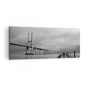 Cuadro sobre lienzo - Impresión de Imagen - Un puente colgante sobre el agua en blanco y negro. - 120x50cm - A cada uno lo suyo - Decoración de pared moderna para salón y dormitorio ARTTOR