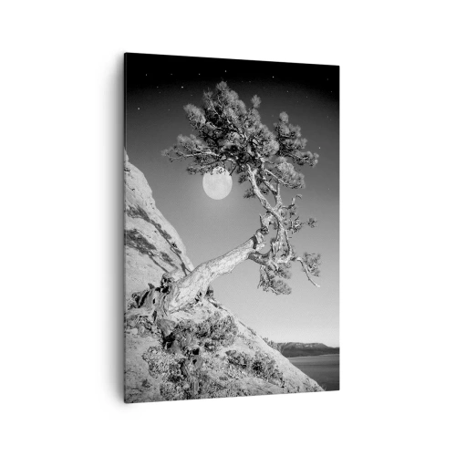 Cuadro sobre lienzo - Impresión de Imagen - Árbol en blanco y negro en un acantilado con la luna al fondo - 70x100cm - Un guerrero victorioso - Decoración de pared moderna para salón y dormitorio ARTTOR