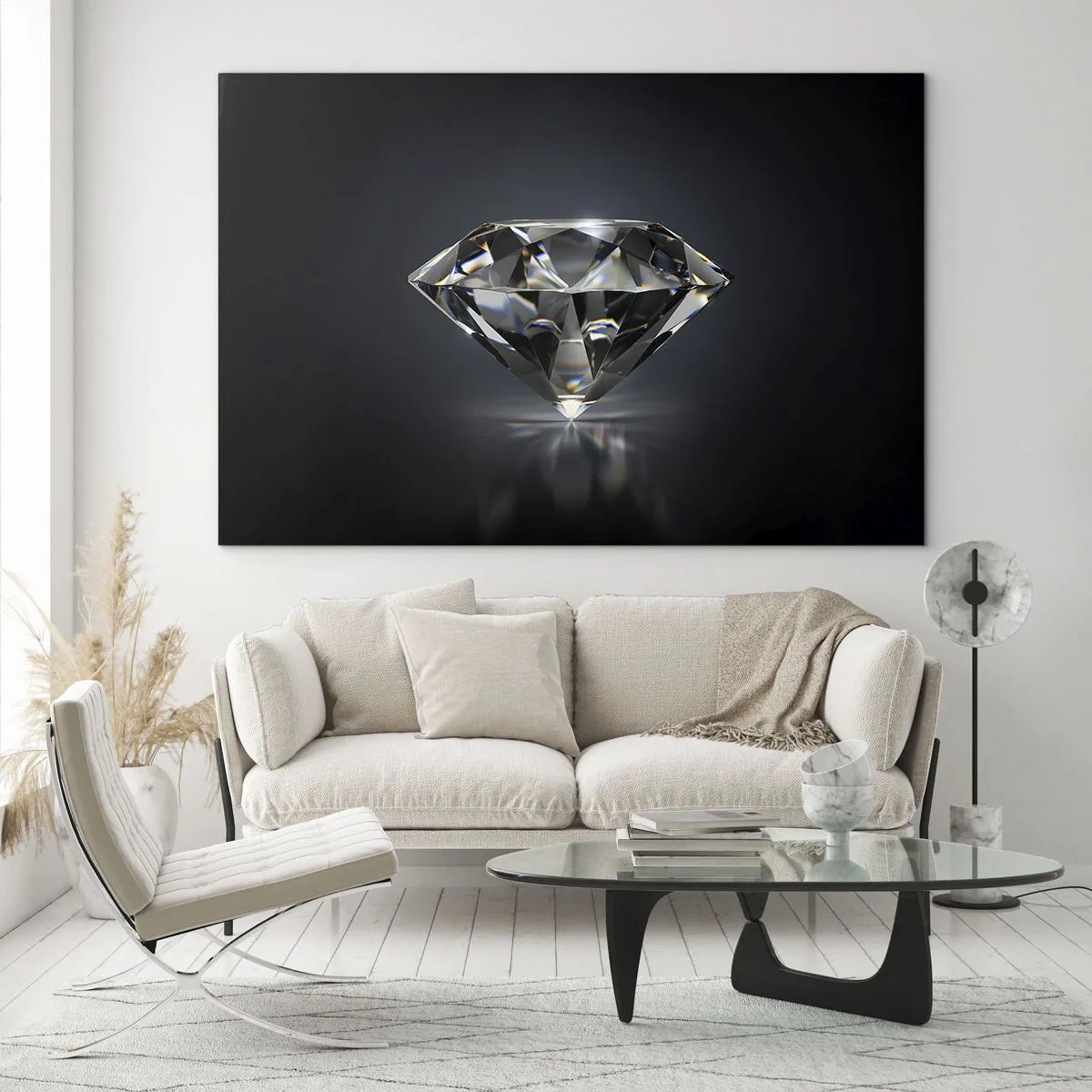 Cuadro sobre vidrio - Impresiones sobre Vidrio - Un diamante brillante sobre un fondo oscuro en una elegante disposición. - 100x70cm - Riqueza y belleza - Decoración de pared moderna para salón y dormitorio ARTTOR