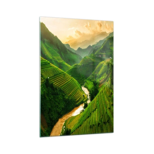 Cuadro sobre vidrio - Impresiones sobre Vidrio - Pintorescas terrazas de arroz en un valle verde iluminado por el sol poniente - 70x100cm - Valle vietnamita - Decoración de pared moderna para salón y dormitorio ARTTOR