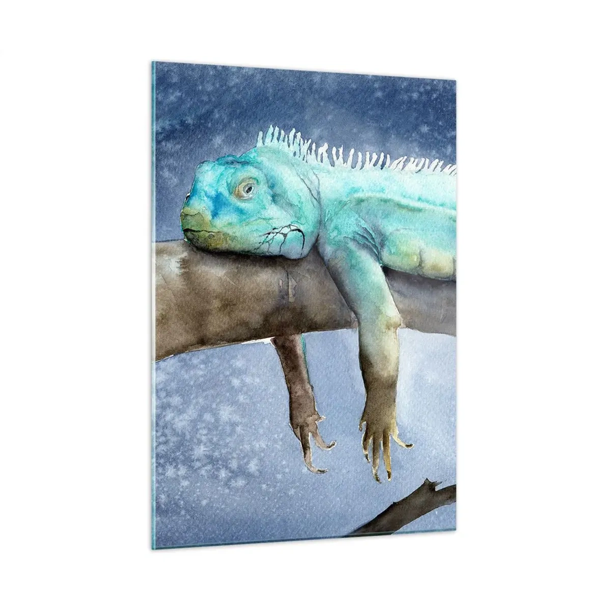 Cuadro sobre vidrio - Impresiones sobre Vidrio - Iguana azul recostada sobre una rama en estilo acuarela - 50x70cm - Me siento bien, ¿y tú? - Decoración de pared moderna para salón y dormitorio ARTTOR