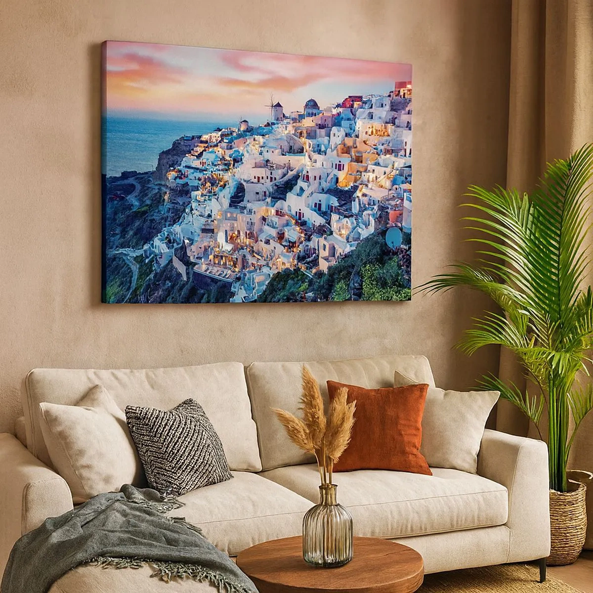 Cuadro sobre lienzo - Impresión de Imagen - Santorini al atardecer con edificios blancos en la colina - 70x50cm - Vacaciones en Grecia - Decoración de pared moderna para salón y dormitorio ARTTOR