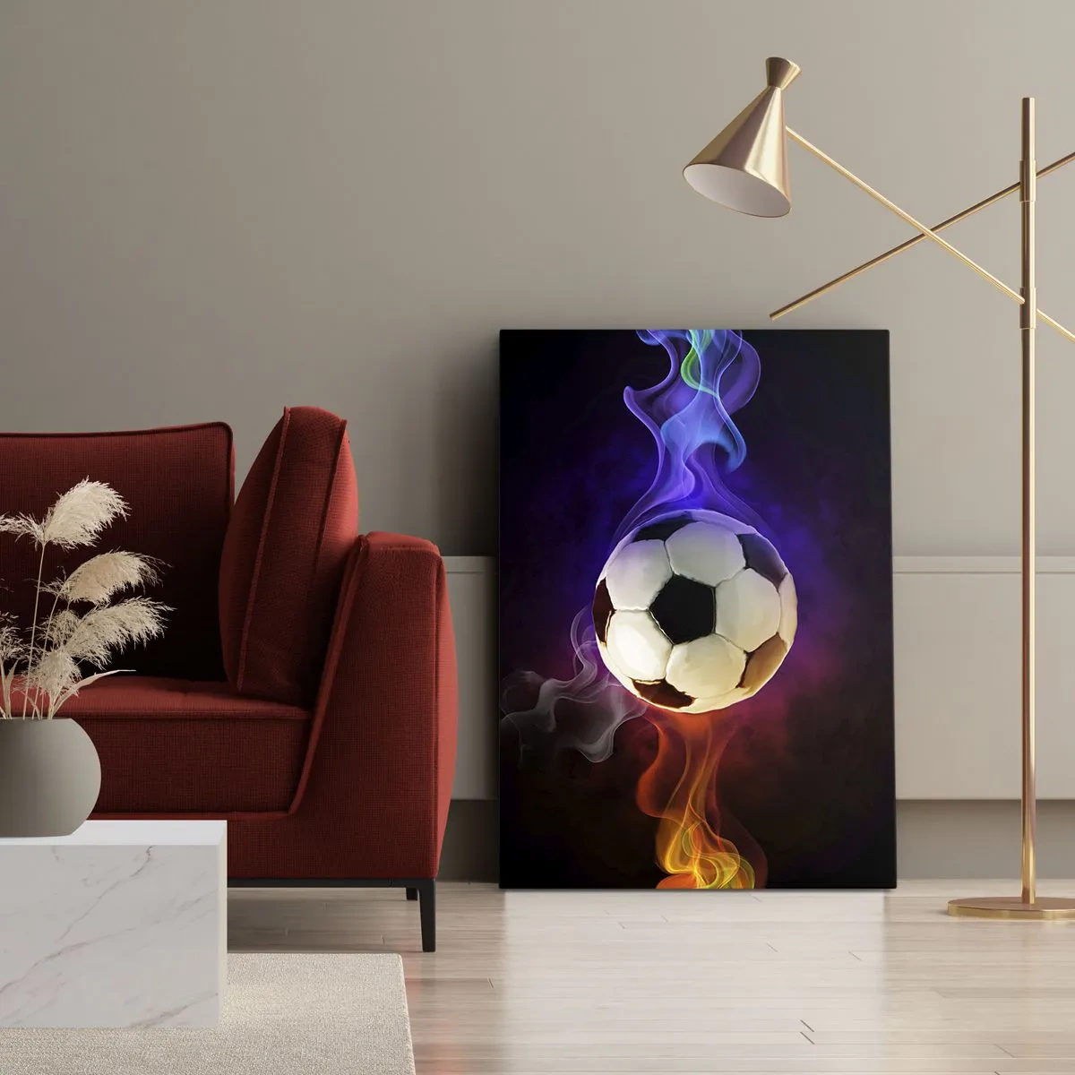 Cuadro sobre lienzo - Impresión de Imagen - Un balón de fútbol rodeado de efectos de humo de colores sobre un fondo oscuro. - 50x70cm - El poder mágico del juego - Decoración de pared moderna para salón y dormitorio ARTTOR