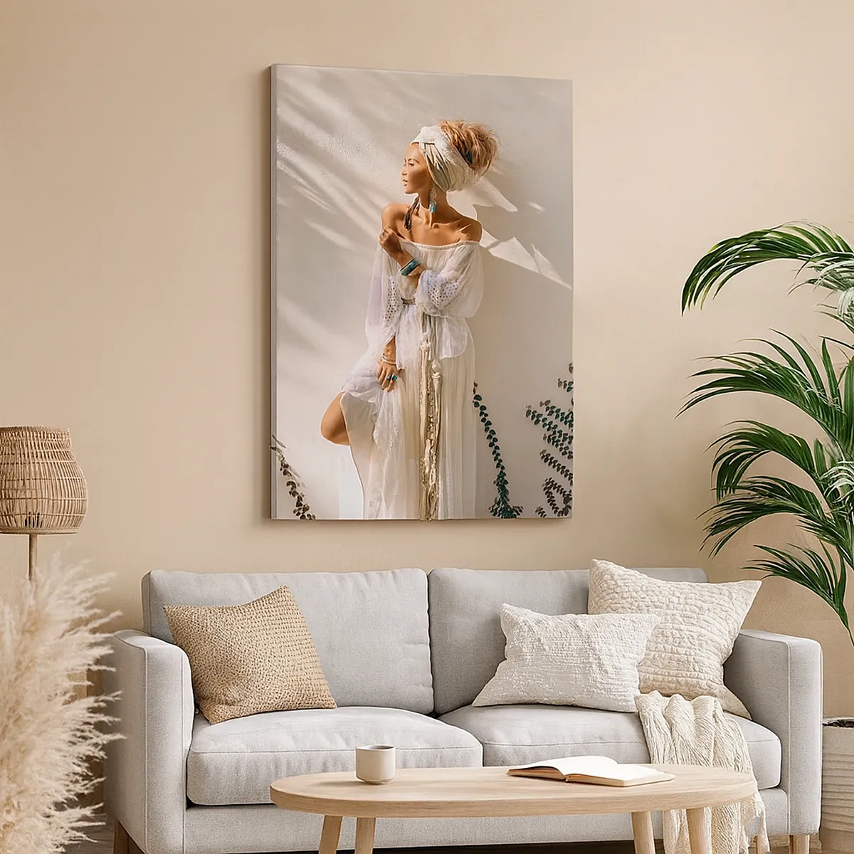 Cuadro sobre lienzo - Impresión de Imagen - Una mujer de estilo boho iluminada por los rayos del sol. - 50x70cm - El sol y la joven - Decoración de pared moderna para salón y dormitorio ARTTOR