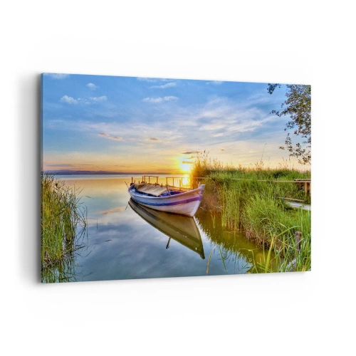 Cuadro sobre lienzo - Impresión de Imagen - Un barco en una bahía tranquila al atardecer. - 100x70cm - Sueños cumplidos - Decoración de pared moderna para salón y dormitorio ARTTOR