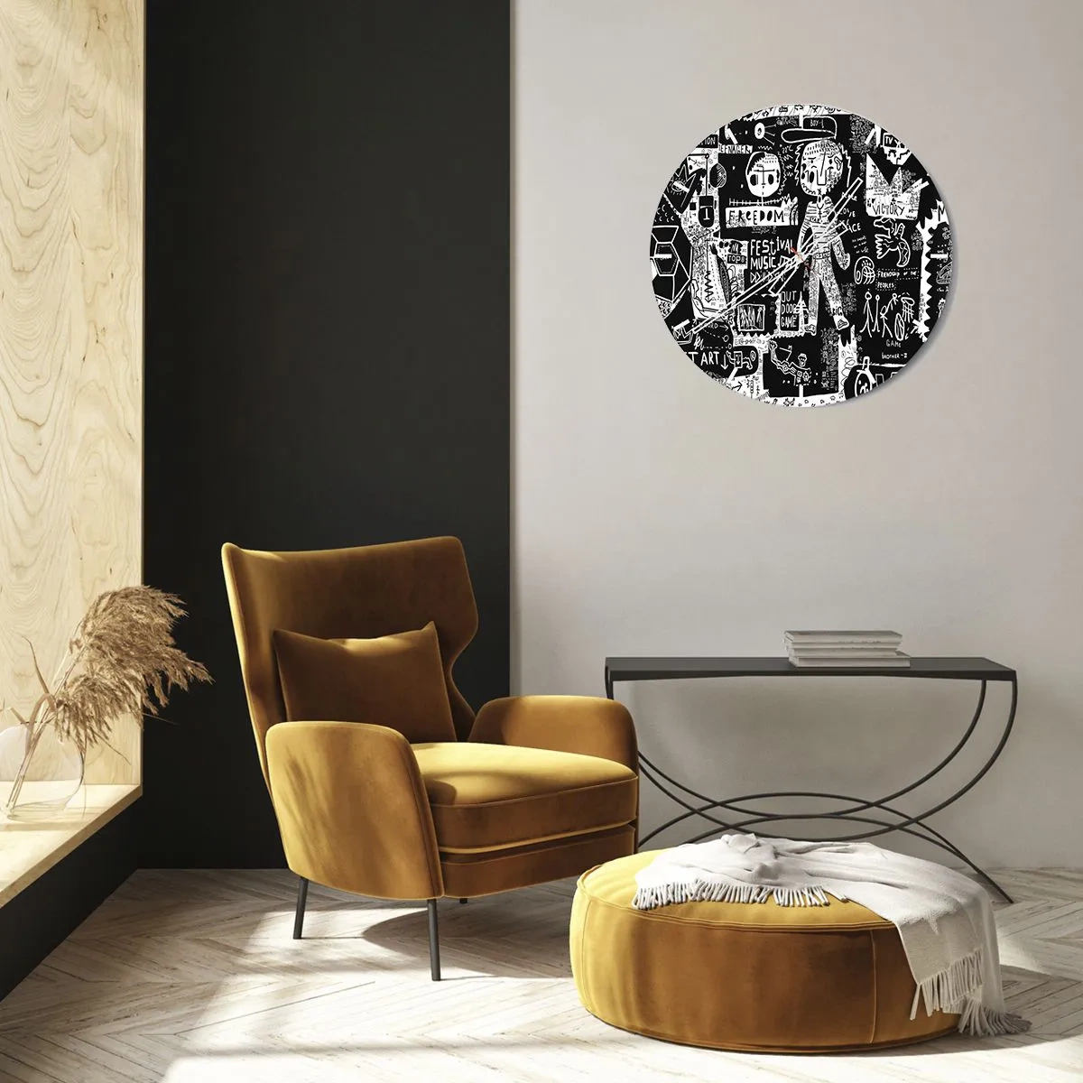 Reloj de pared - Reloj de vidrio - Una esfera de reloj con un dinámico motivo de garabatos artísticos en blanco y negro. - 30x30cm - La juventud espiritual de la ley y la alegría - Decoración de pared moderna para salón, cocina y dormitorio ARTTOR