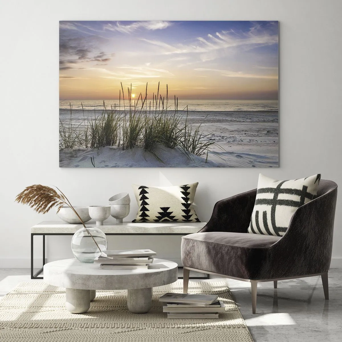 Cuadro sobre vidrio - Impresiones sobre Vidrio - Puesta de sol sobre una playa cubierta de hierba - 70x50cm - Mira, piensa, siente - Decoración de pared moderna para salón y dormitorio ARTTOR