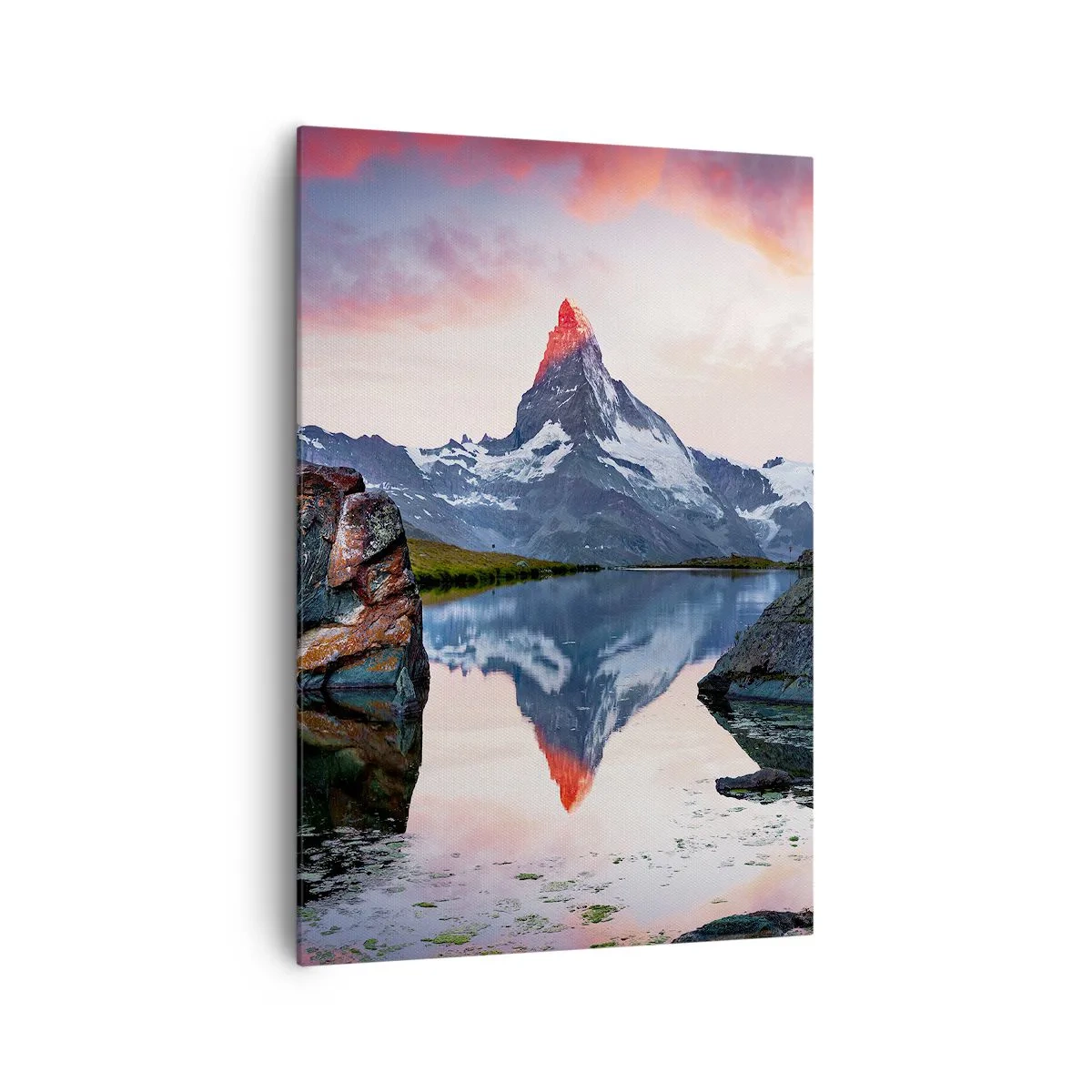 Cuadro sobre lienzo - Impresión de Imagen - Un pico de montaña reflejado en un lago al atardecer. - 70x100cm - El corazón de las montañas arde - Decoración de pared moderna para salón y dormitorio ARTTOR