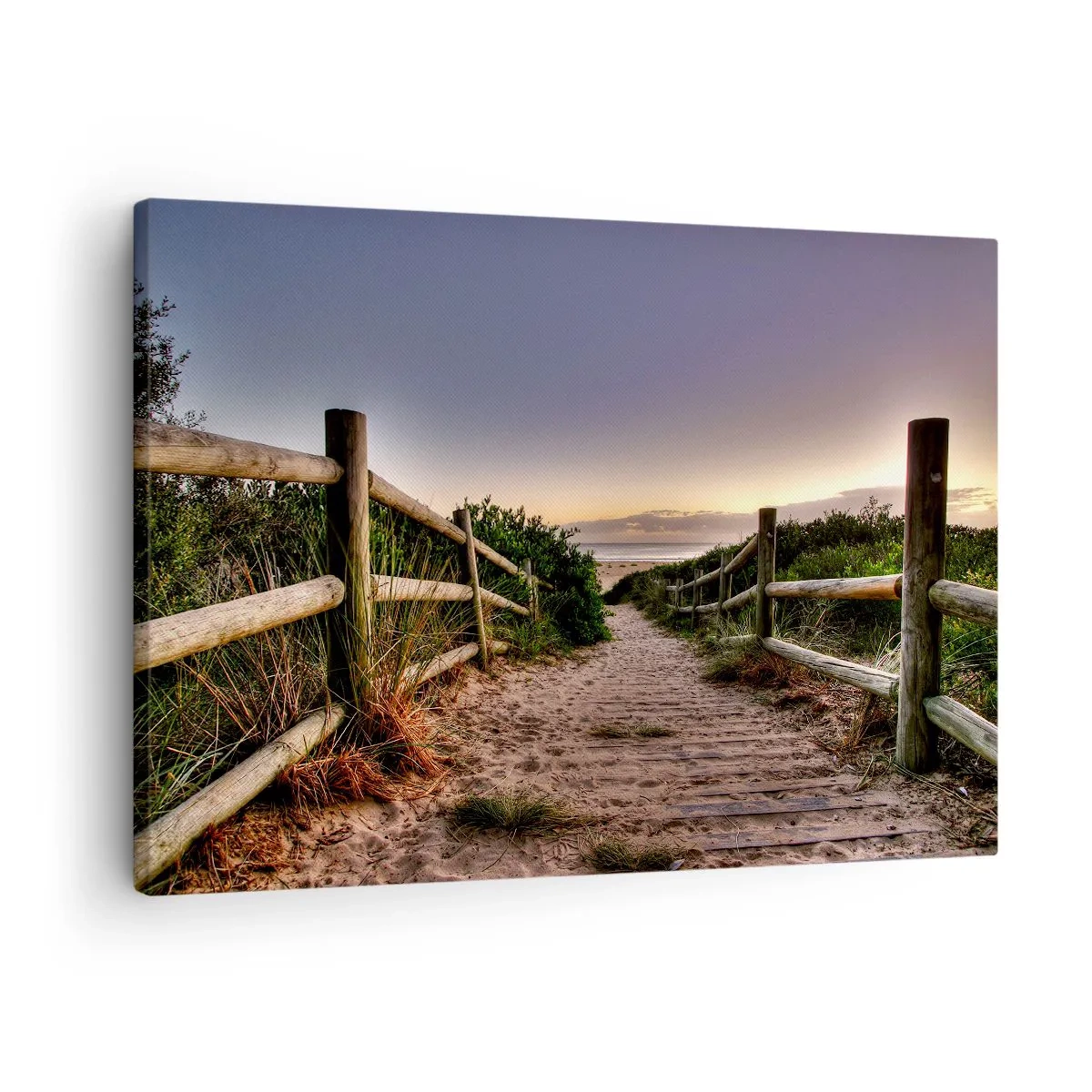Cuadro sobre lienzo - Impresión de Imagen - Camino de madera en las dunas que conduce a la playa al atardecer - 70x50cm - Objetivo a la vista - Decoración de pared moderna para salón y dormitorio ARTTOR