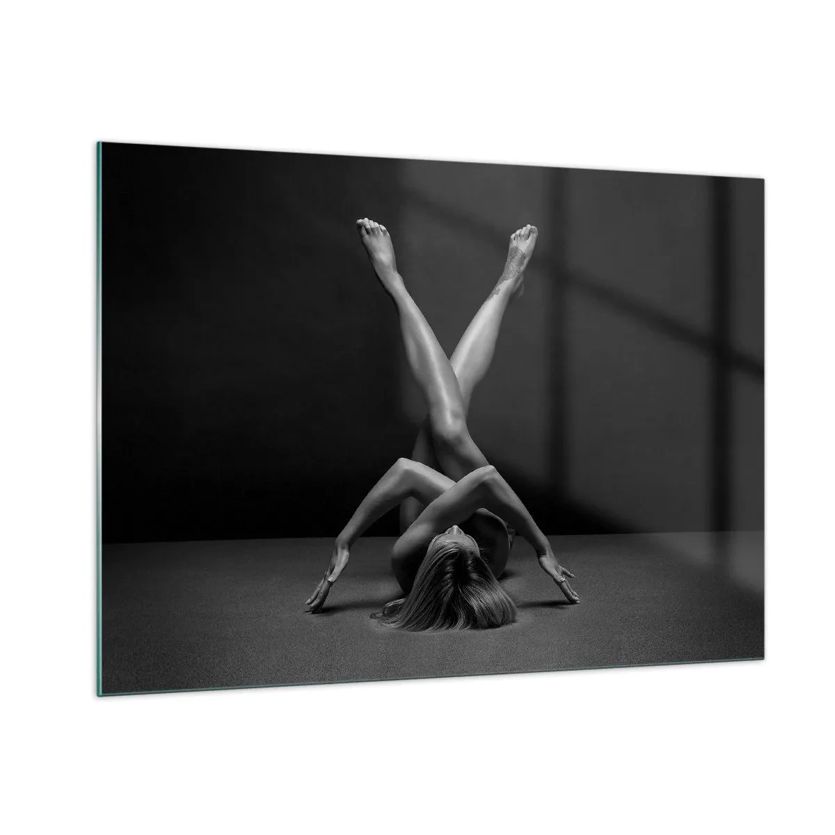 Cuadro sobre vidrio - Impresiones sobre Vidrio - Desnudo femenino en una composición corporal geométrica - 100x70cm - Geometría al desnudo - Decoración de pared moderna para salón y dormitorio ARTTOR