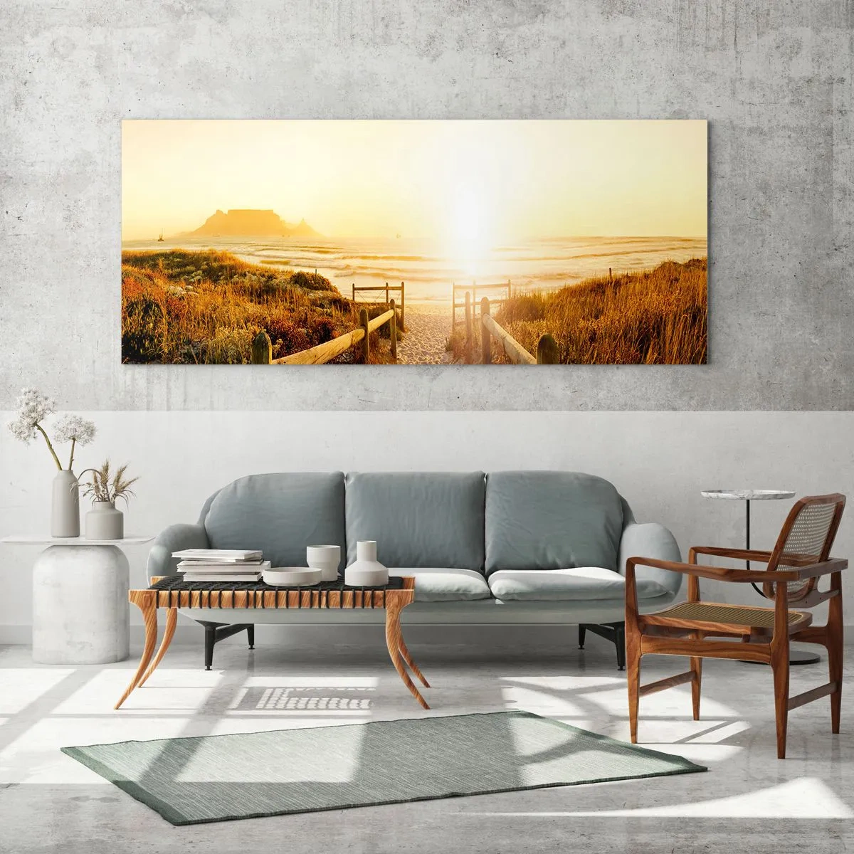 Cuadro sobre vidrio - Impresiones sobre Vidrio - Camino a la playa durante un atardecer dorado - 120x50cm - A través de la duna, hacia el sol - Decoración de pared moderna para salón y dormitorio ARTTOR