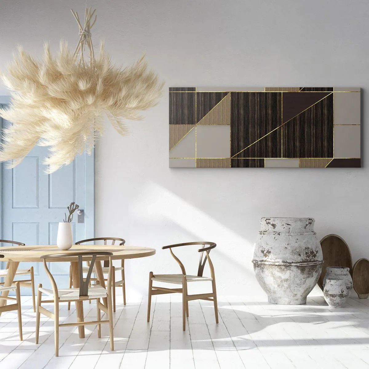 Cuadro sobre lienzo - Impresión de Imagen - Patrones geométricos en tonos marrones con líneas doradas. - 160x50cm - Un mosaico de marrones y dorados - Decoración de pared moderna para salón y dormitorio ARTTOR